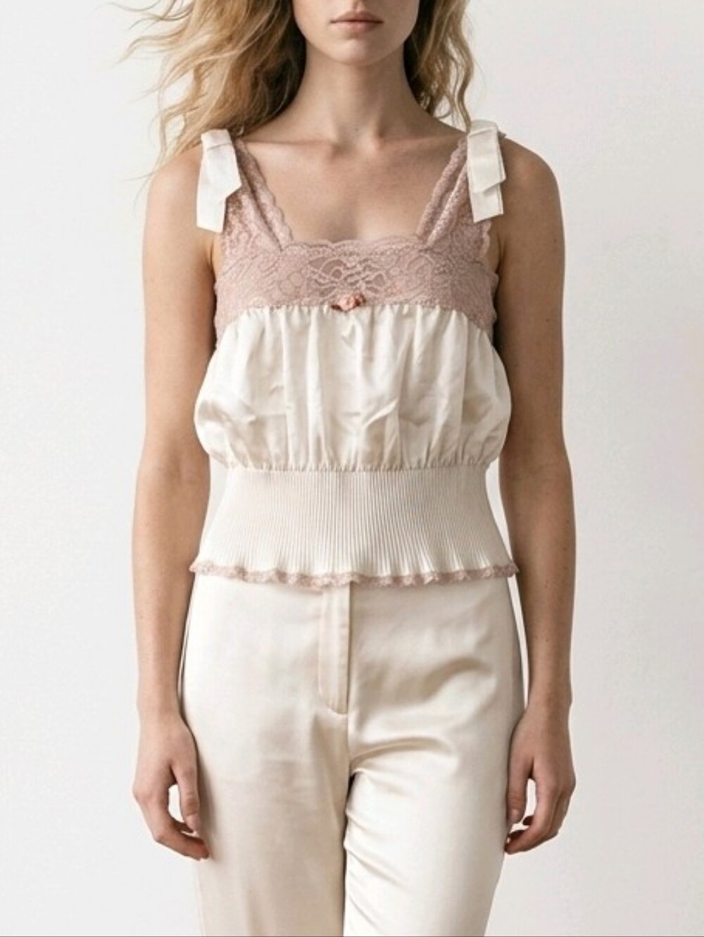 Vintage 80s Lily of France Cream and Dusty Rose Satin & Lace Tank Top Size Large